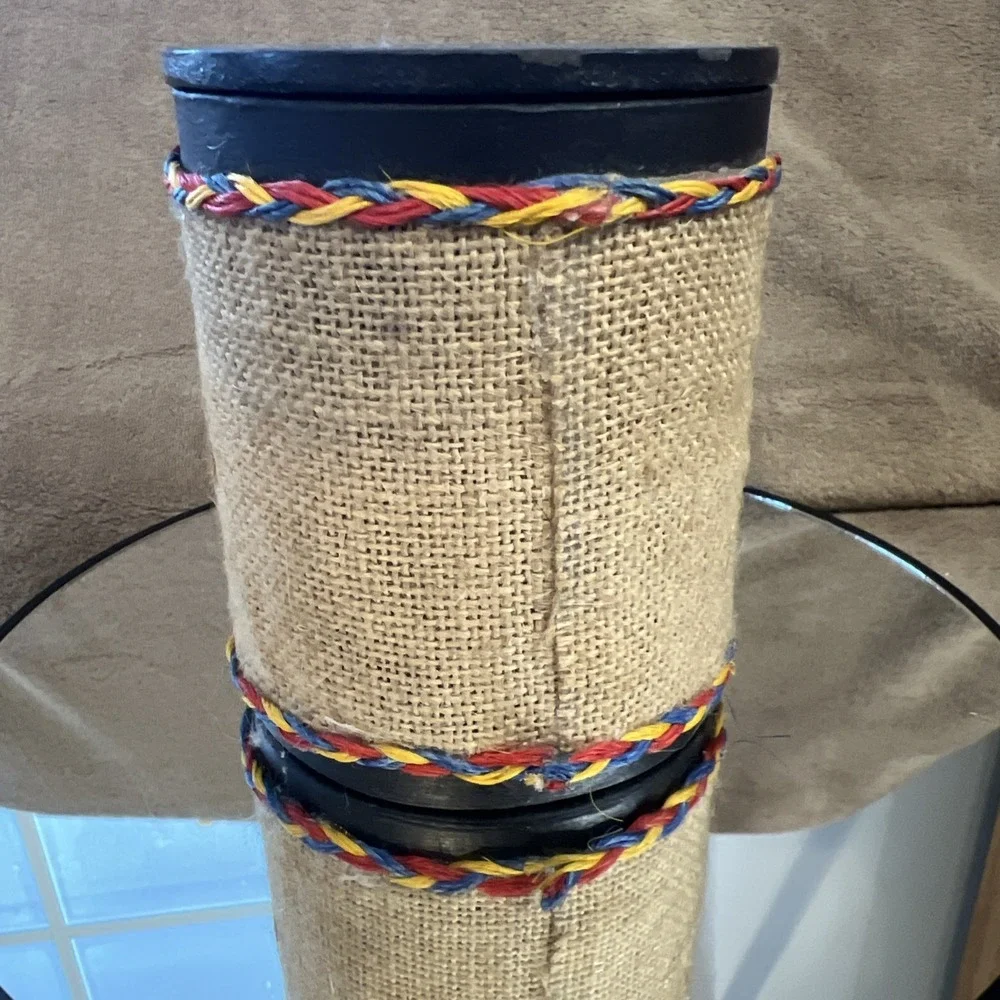 Wooden Lidded Trinket Box Burlap Wrapped Embroidered‎ Columbia